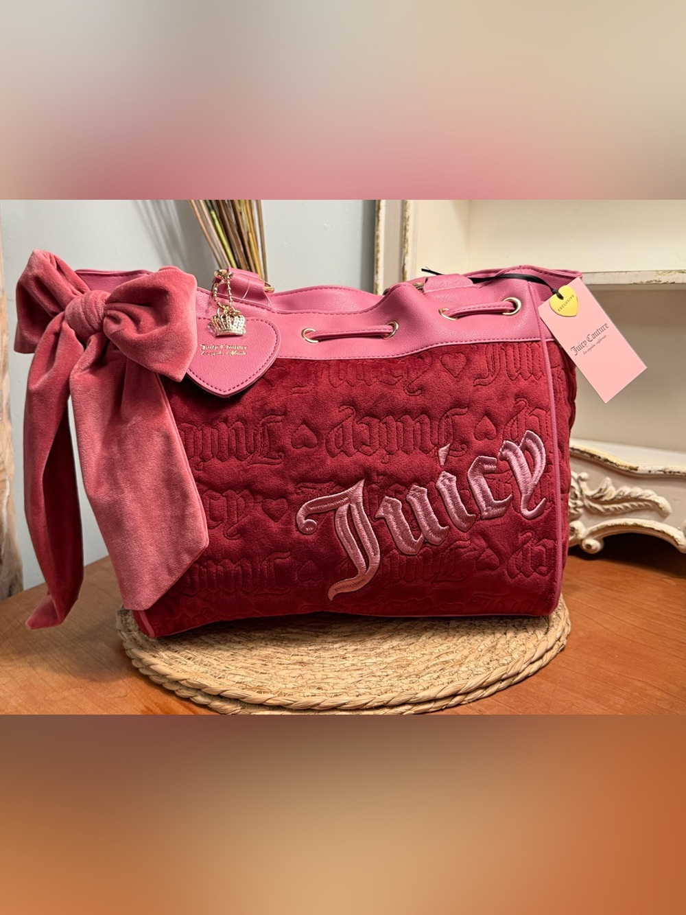 Juicy Couture Vintage Dream Tote in Cranberry Juice with Bow & Crown Heart Charm